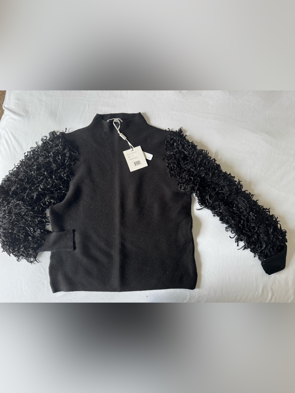 NWT Sioni Black Ribbed Knit Sweater with Fun Feathery Sleeved, S